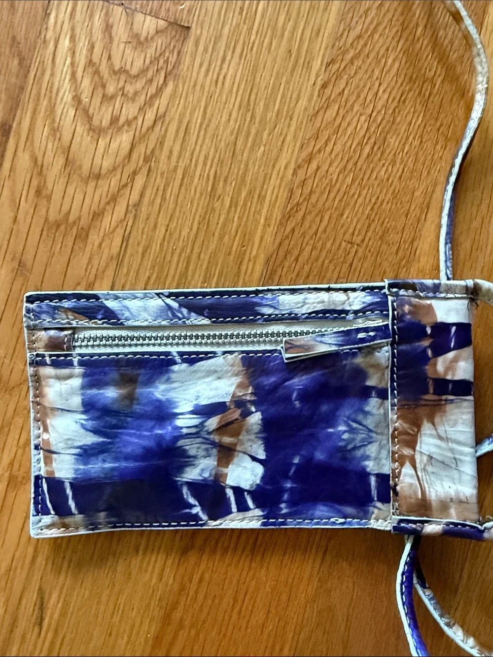 Topshop Blue and Cream Tie-Dye Leather Crossbody Phone Pouch with Strap